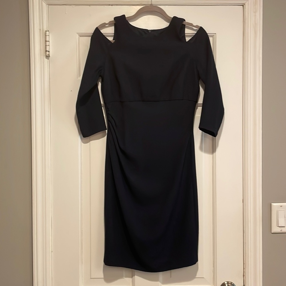 David Meister navy cold shoulder dress